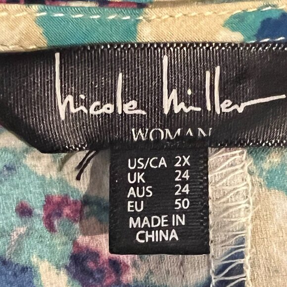 Nicole Miller Woman Blouse Plus Size 2X Satin Multicolor Floral Waist Tie V-Neck - Picture 12 of 13